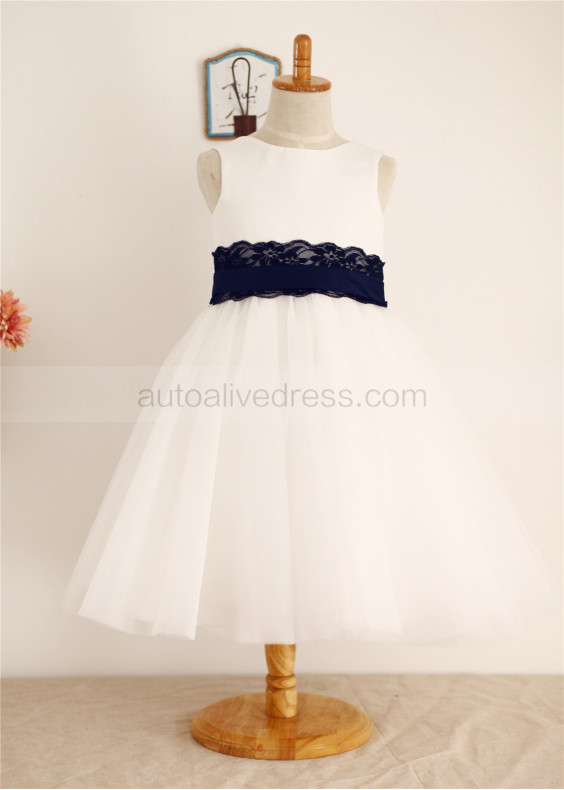 A-line Ivory Satin Tulle Knee Length Flower Girl Dress With A Navy Blue Sash
